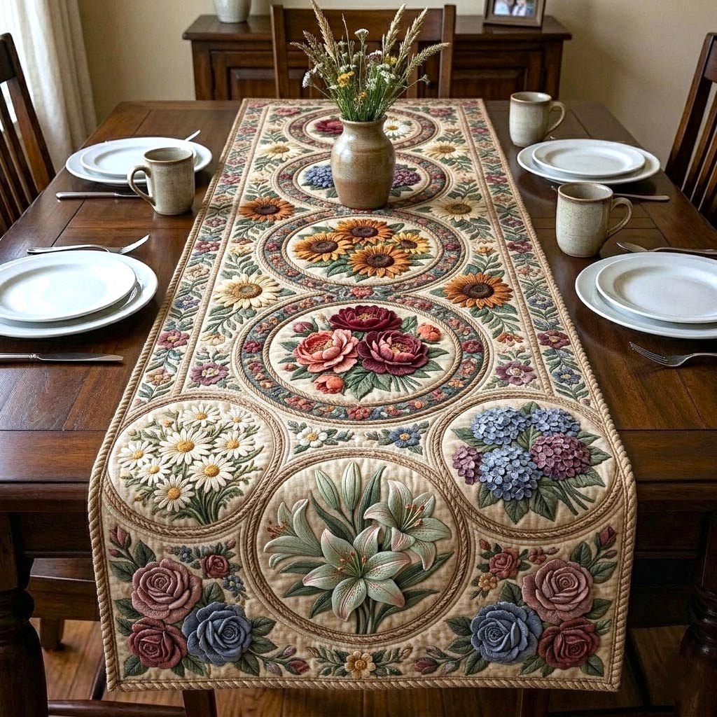 Rose and Hydrangea Medallions Table Runner