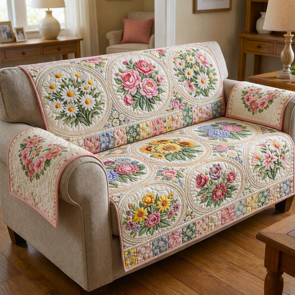 Floral Bouquet Blocks on Cream Sofa Cover