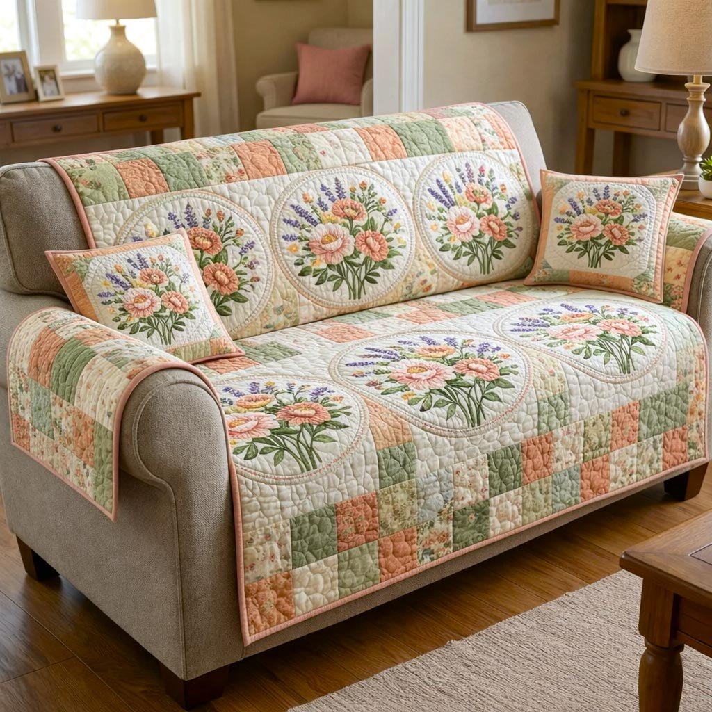 Pastel Posies on Ivory Blocks Sofa Cover