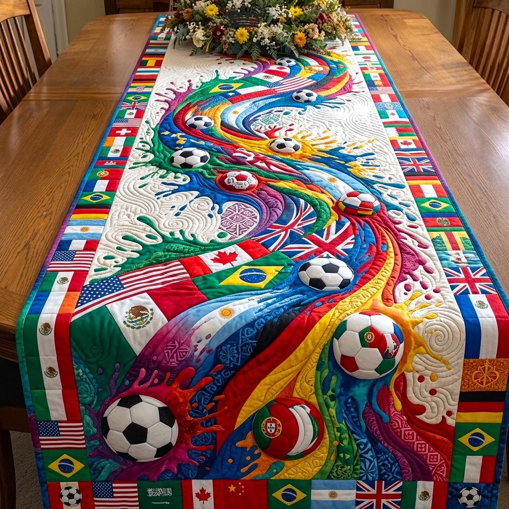Soccer Balls with Rainbow Flags Table Runner