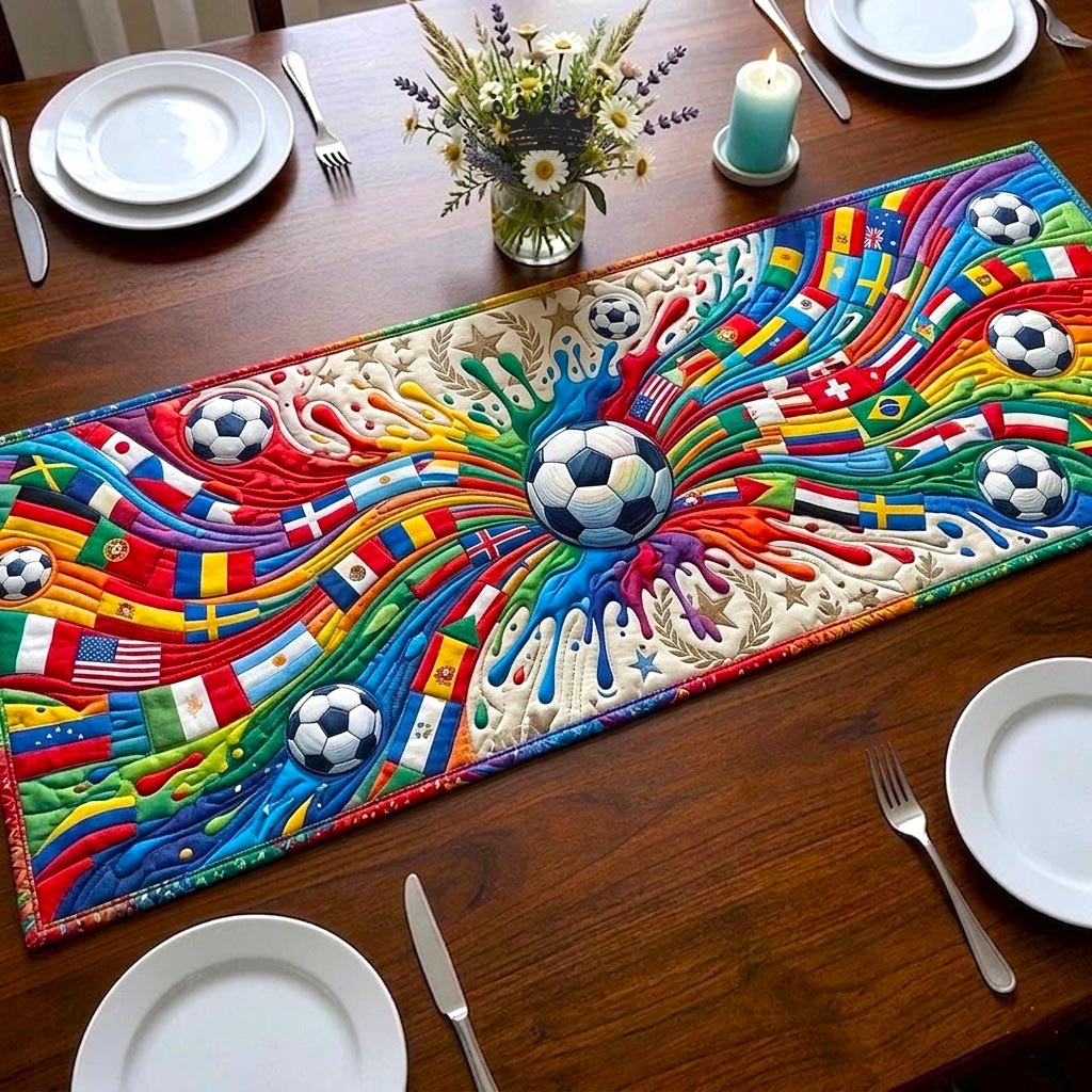 Soccer Ball with Bursting World Flags Table Runner