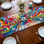 Soccer Ball with Bursting World Flags Table Runner
