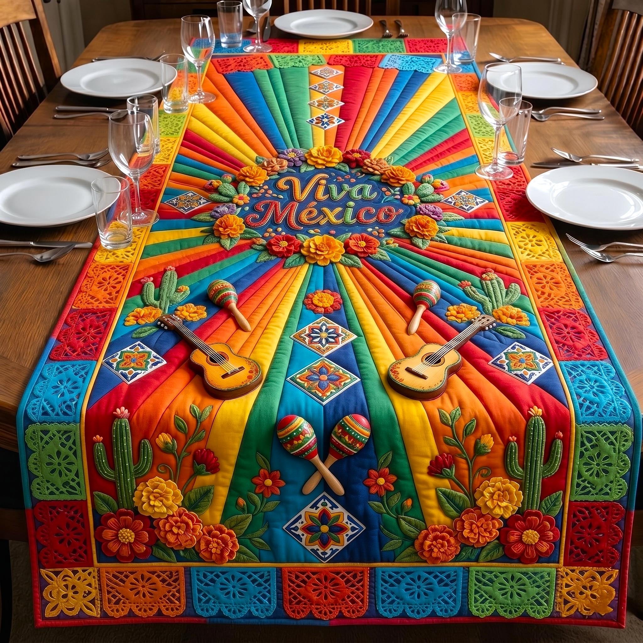 Viva Mexico with Guitars and Maracas Table Runner