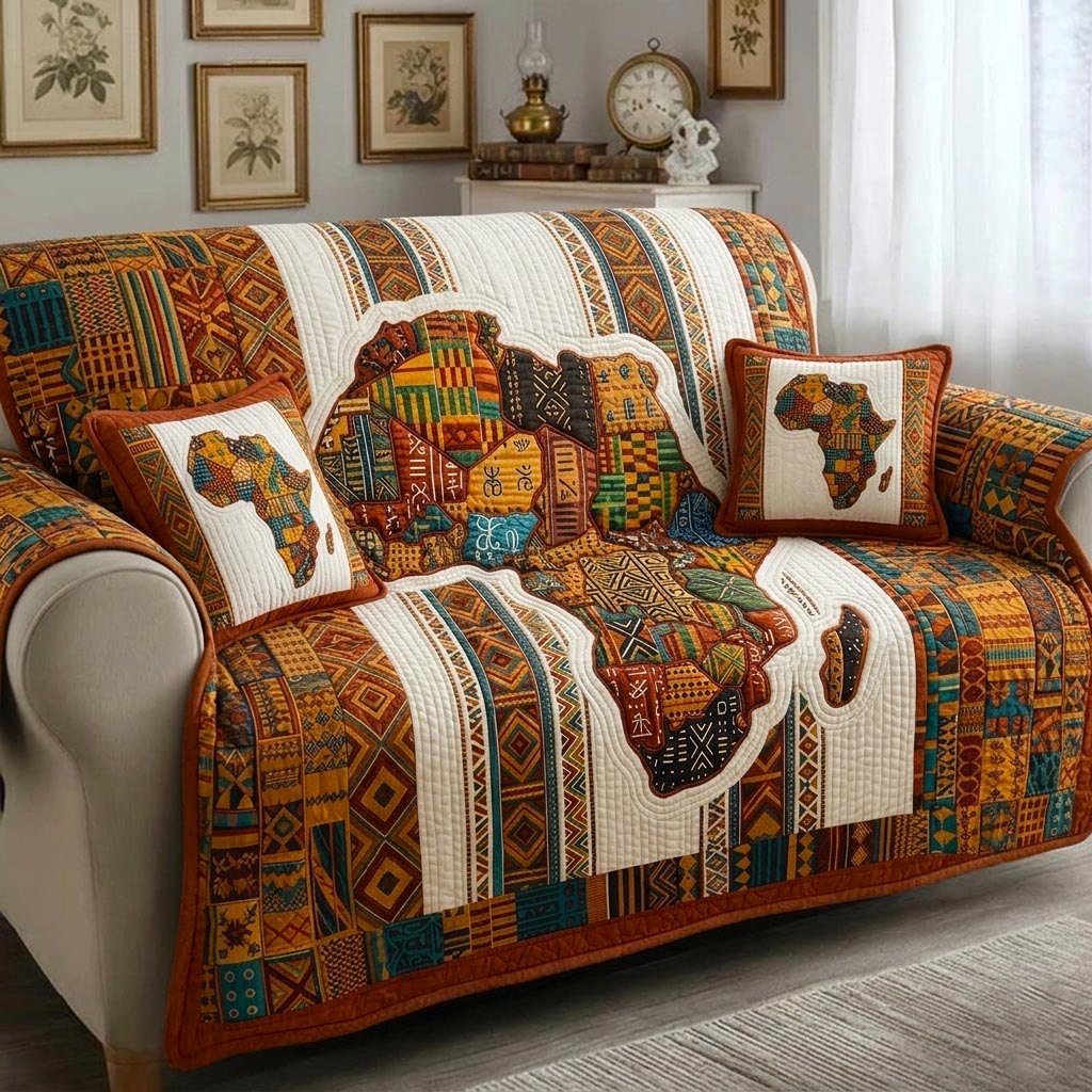 African Motifs with Elephant and Map Sofa Cover