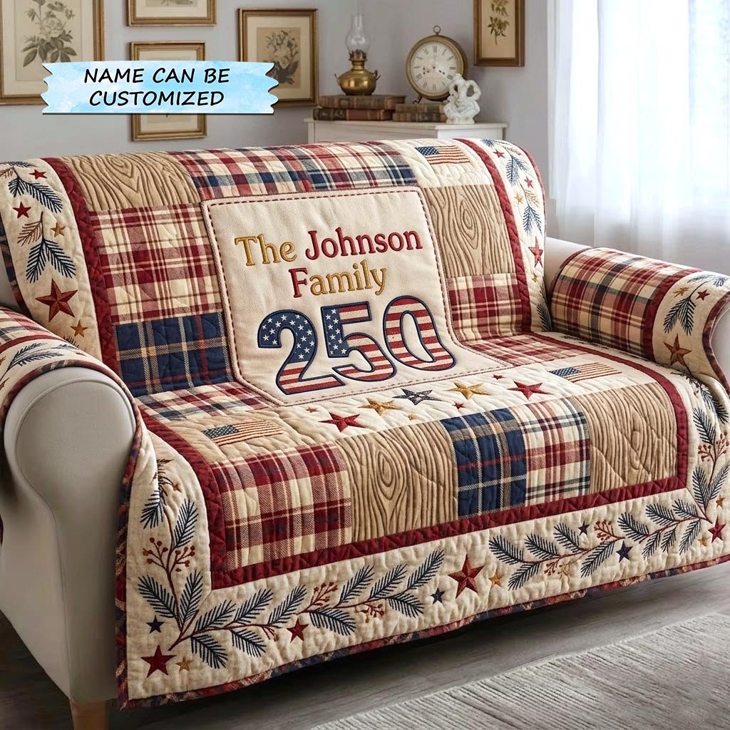 Family Name 250 on Red Plaid Sofa Cover