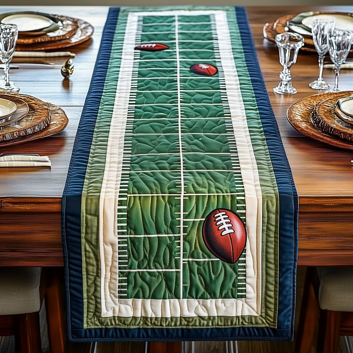 Football on Green Yard Lines Table Runner