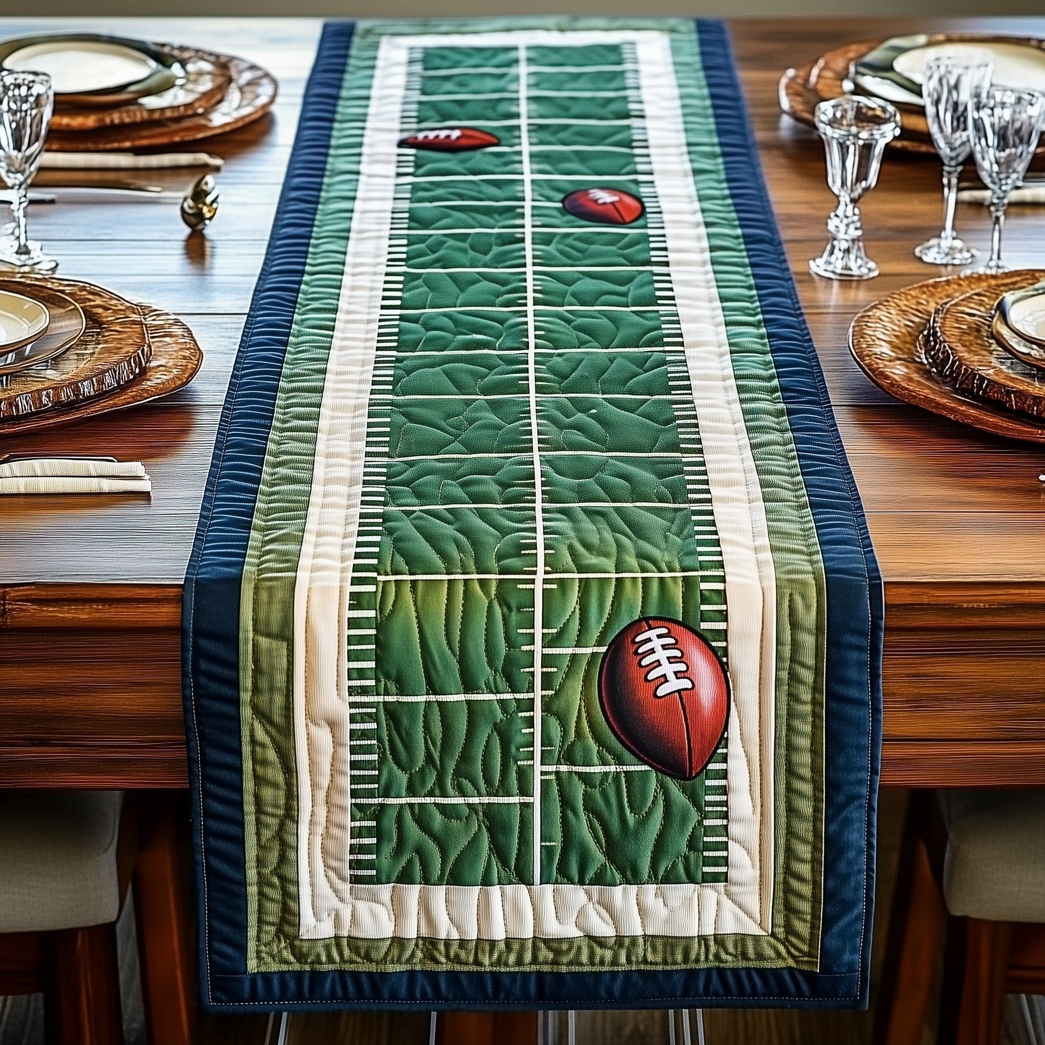 Football on Green Yard Lines Table Runner