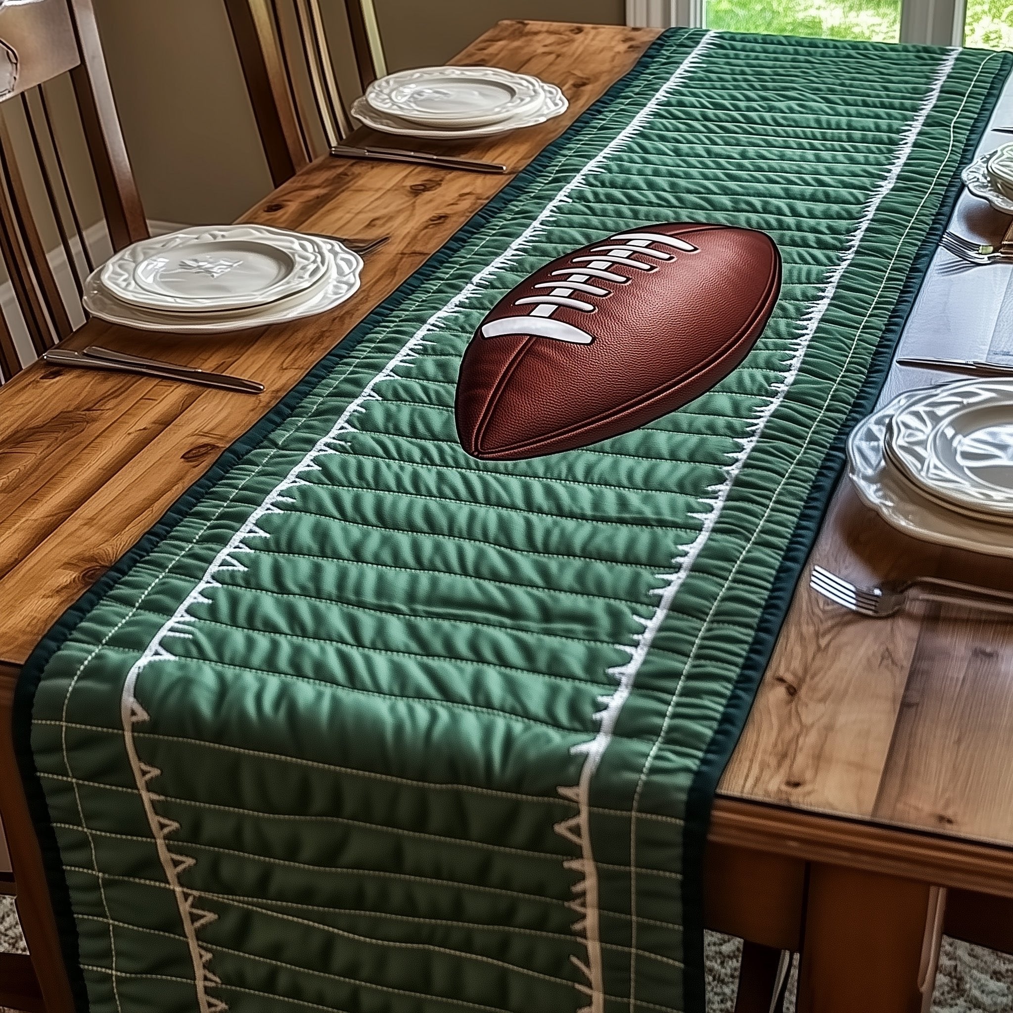 Football on Quilted Green Field Table Runner