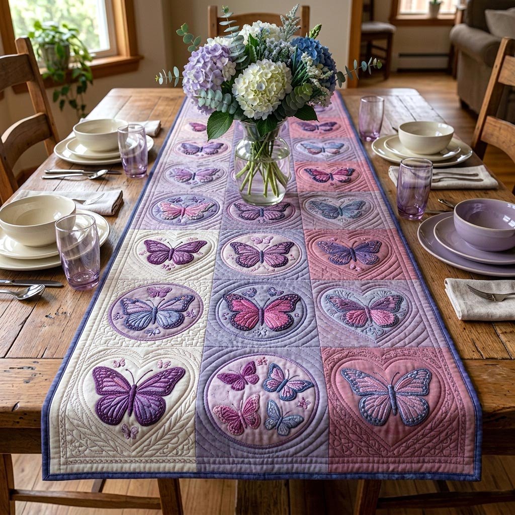 Purple Butterfly Blocks in Rows Table Runner