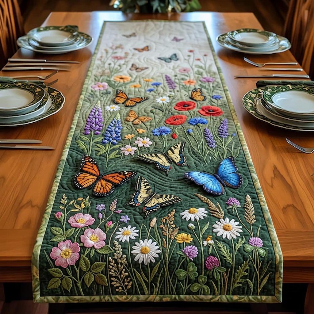 Butterflies and Wildflowers on Green Table Runner