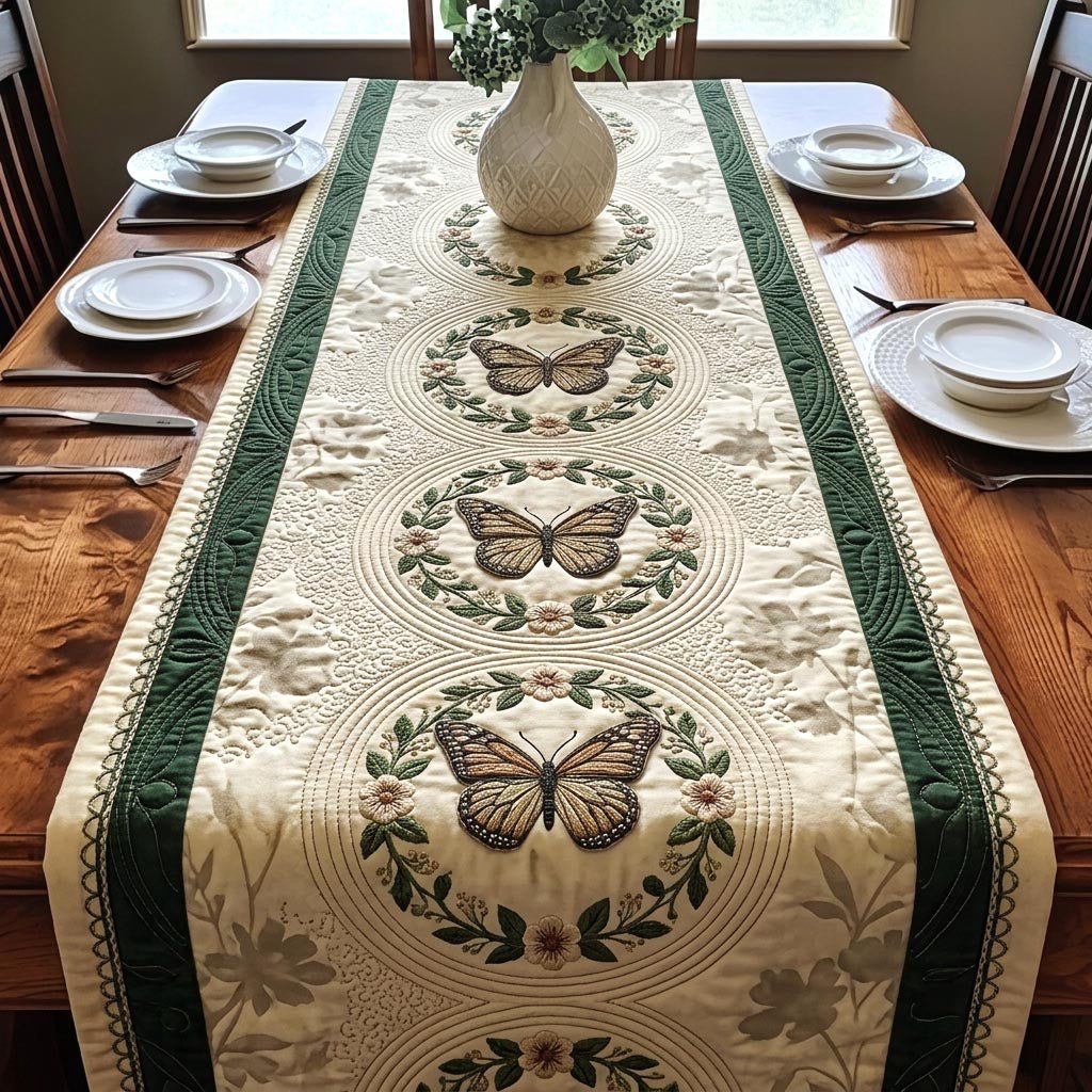 Cream Butterflies in Laurel Wreaths Table Runner