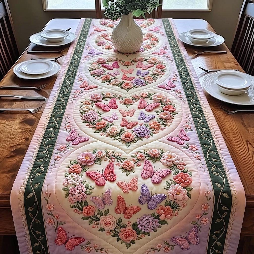 Pink Butterfly Hearts with Roses Table Runner