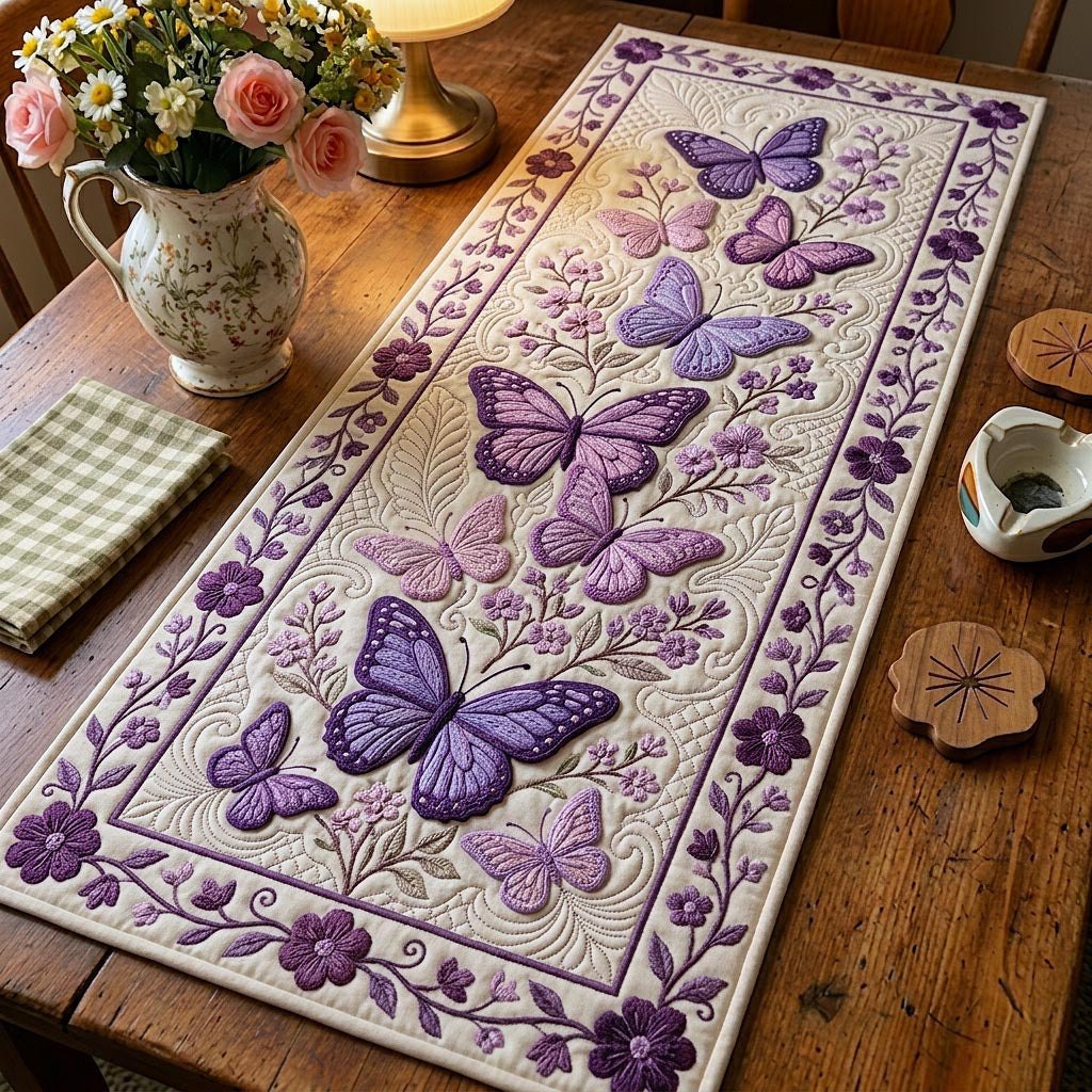 Purple Butterflies on Cream Vine Table Runner