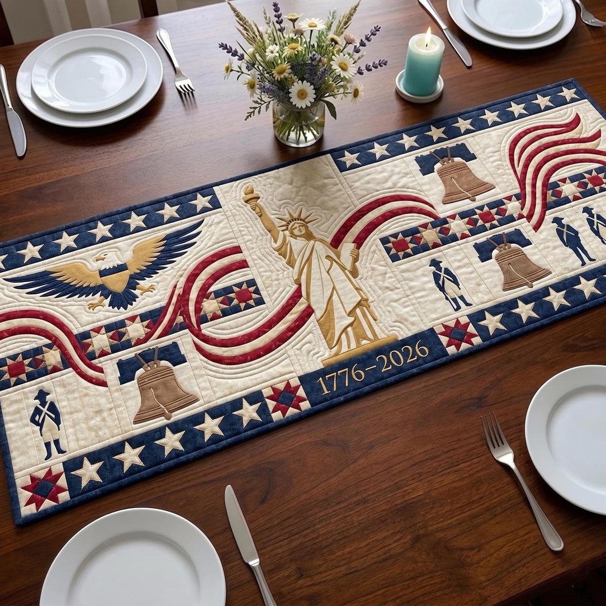 Statue of Liberty with Eagle and Bells Table Runner