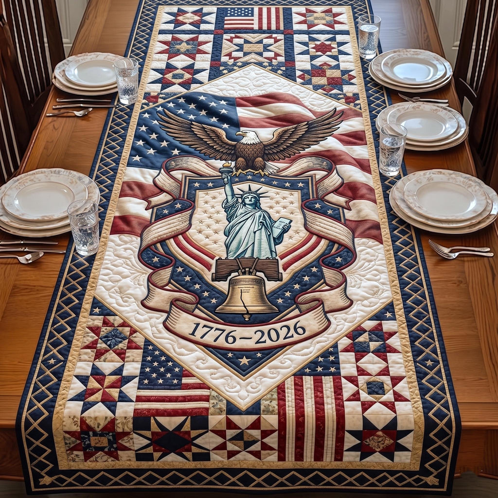 Statue of Liberty Crest with Quilt Stars Table Runner