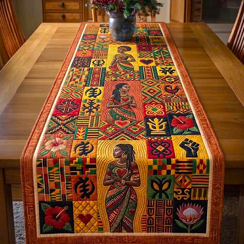 African Figures with Symbols on Orange Table Runner