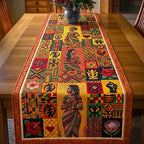 African Figures with Symbols on Orange Table Runner