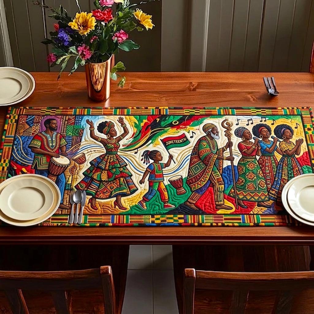 Dancers with Drums on Red Table Runner