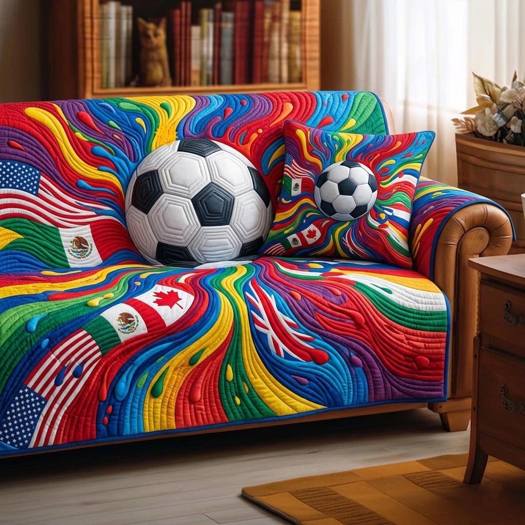 Soccer Balls on Rainbow Swirls Sofa Cover
