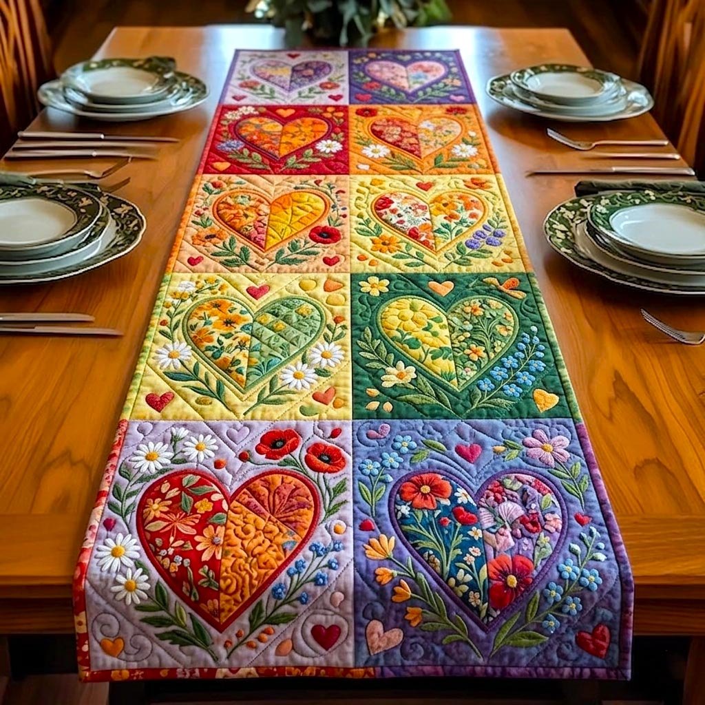 Floral Hearts Patchwork Blocks Table Runner