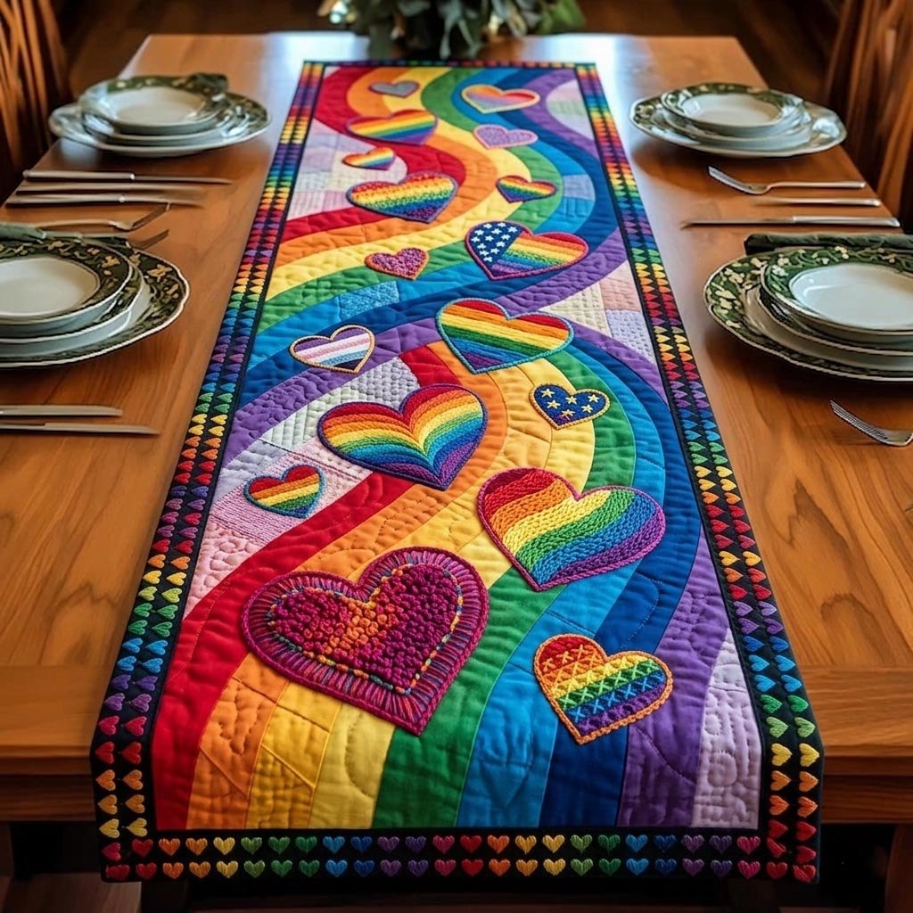 Rainbow Hearts on Purple Table Runner