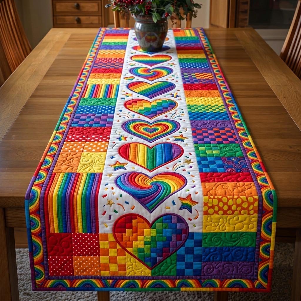 Rainbow Hearts with Striped Blocks Table Runner