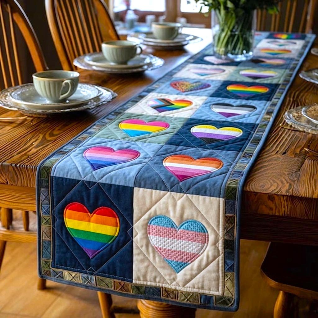 Pride Heart Blocks on Denim Table Runner