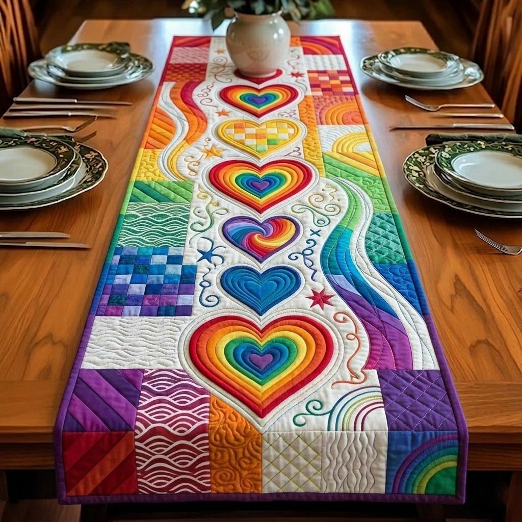 Rainbow Heart with Flowing Swirls Table Runner