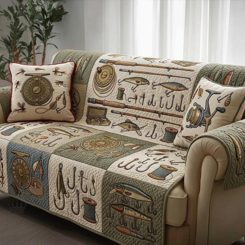 Fishing Lures and Tackle on Cream Sofa Cover