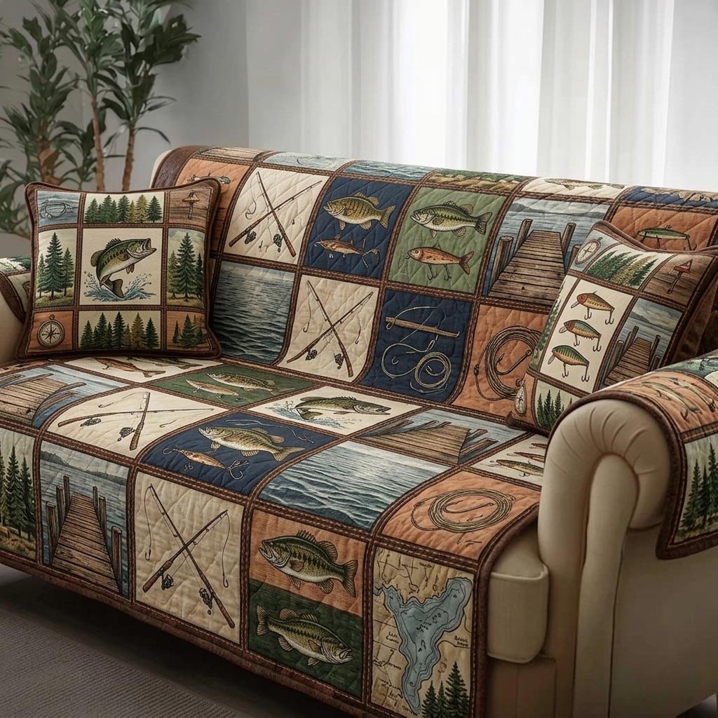 Fishing Rod and Trout Blocks Sofa Cover