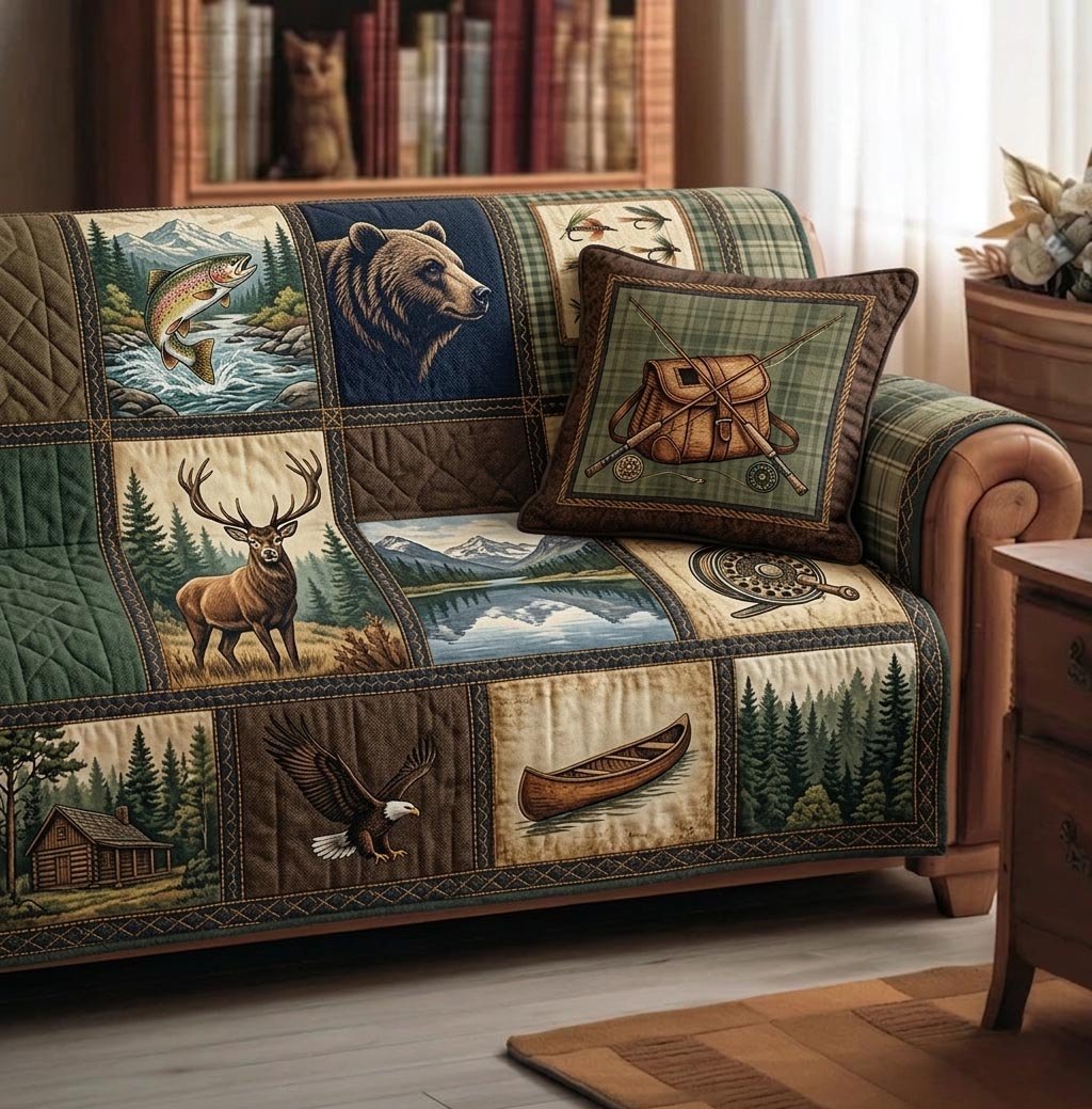 Deer and Canoe Lodge Blocks Sofa Cover