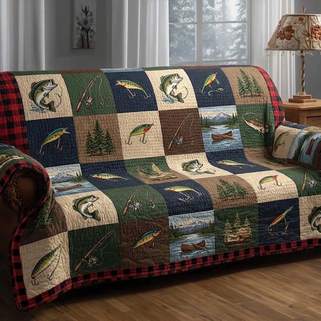 Lures and Pines in Green Blocks Sofa Cover