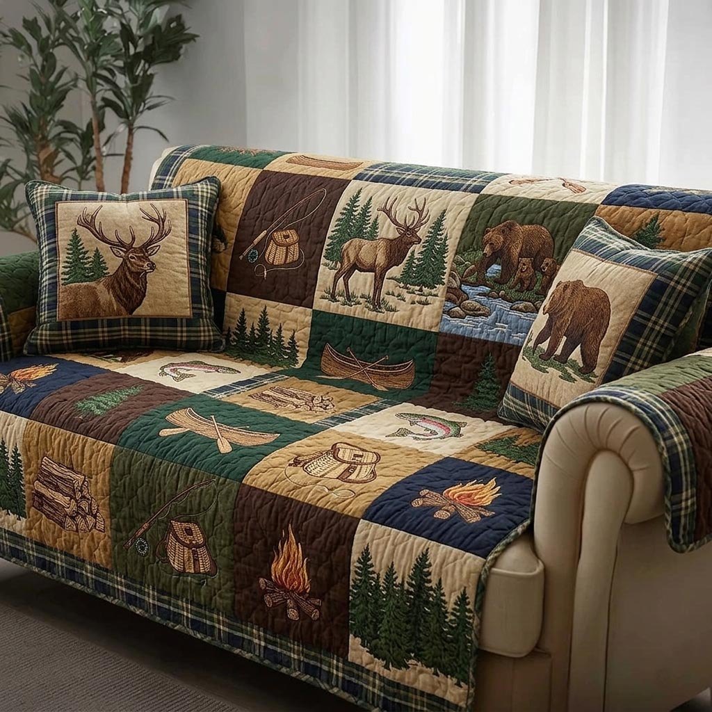 Moose Deer and Bear Lodge Blocks Sofa Cover