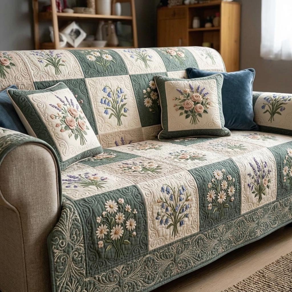 White Daisies on Sage Bands Sofa Cover