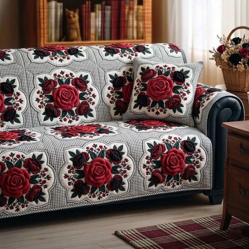 Red Roses on Houndstooth Check Sofa Cover