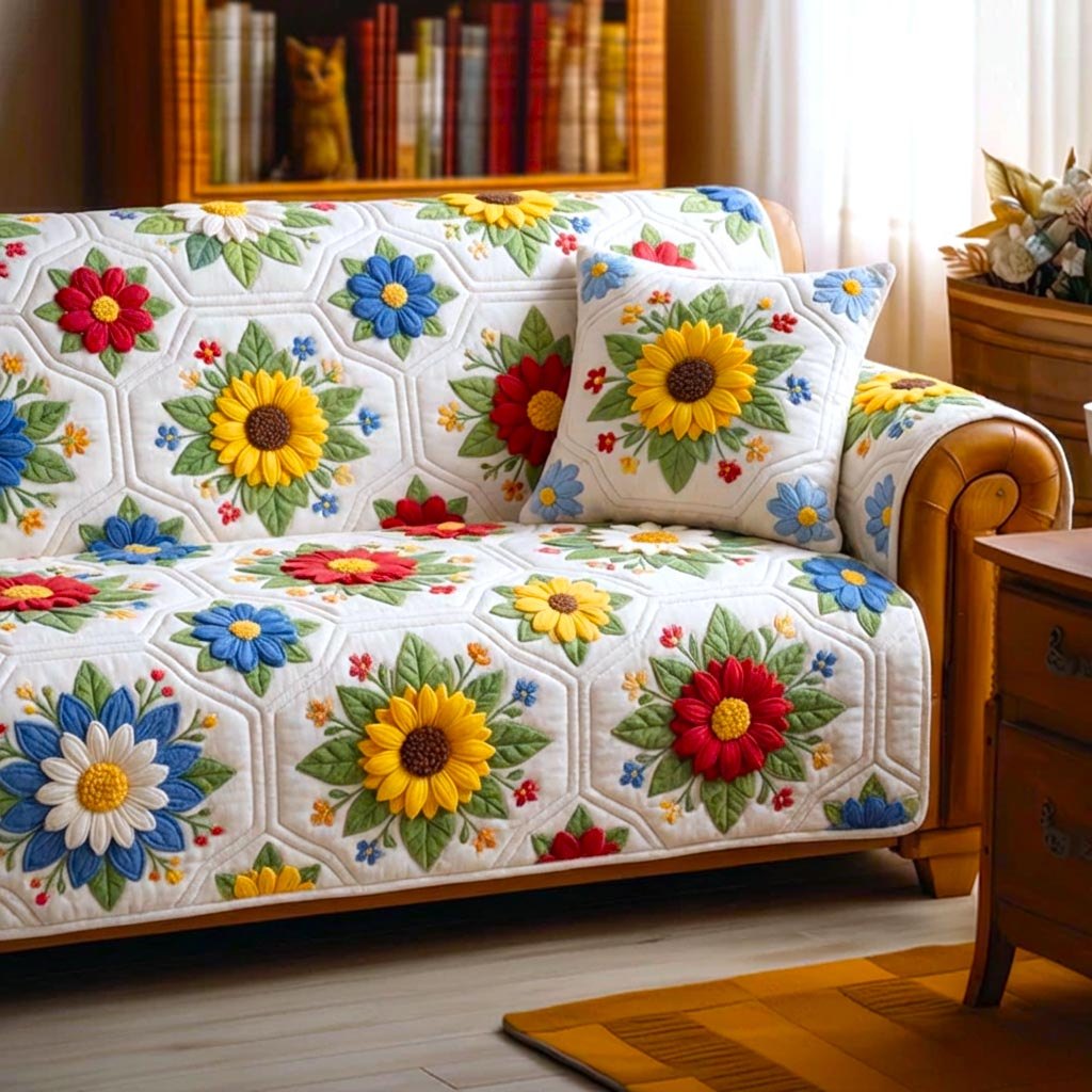 Sunflower Hexagons on White Sofa Cover