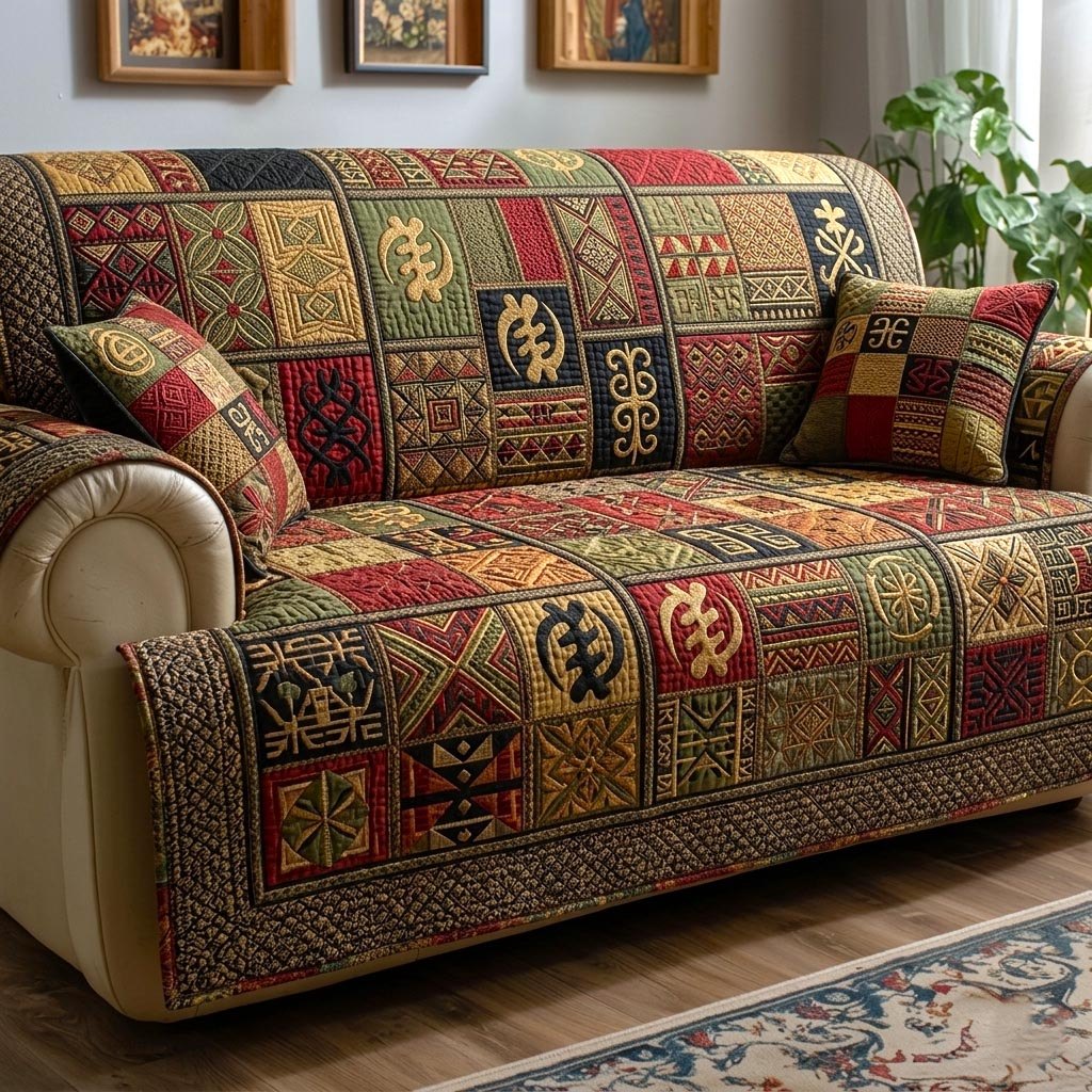 Adinkra Symbols in Red and Gold Sofa Cover