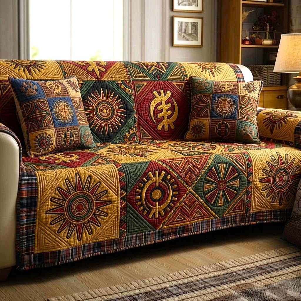 Golden Sun Symbols on Ochre Sofa Cover