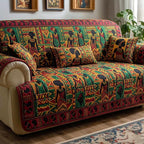 African Motif Blocks in Green and Red Sofa Cover