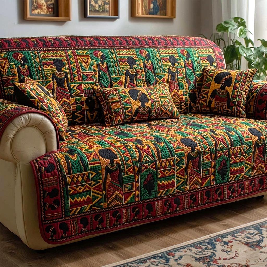 African Motif Blocks in Green and Red Sofa Cover