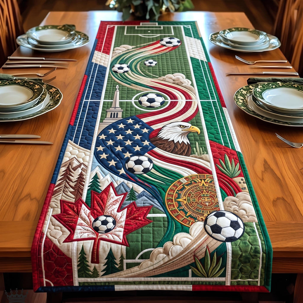 Soccer Pitch with Maple and Aztec Motifs Table Runner