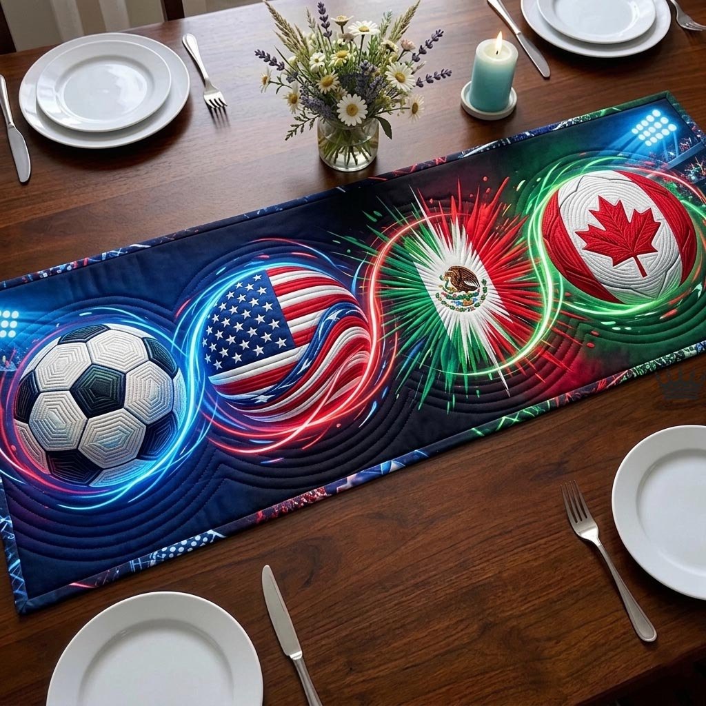 Neon Soccer Balls with Glowing Flags Table Runner