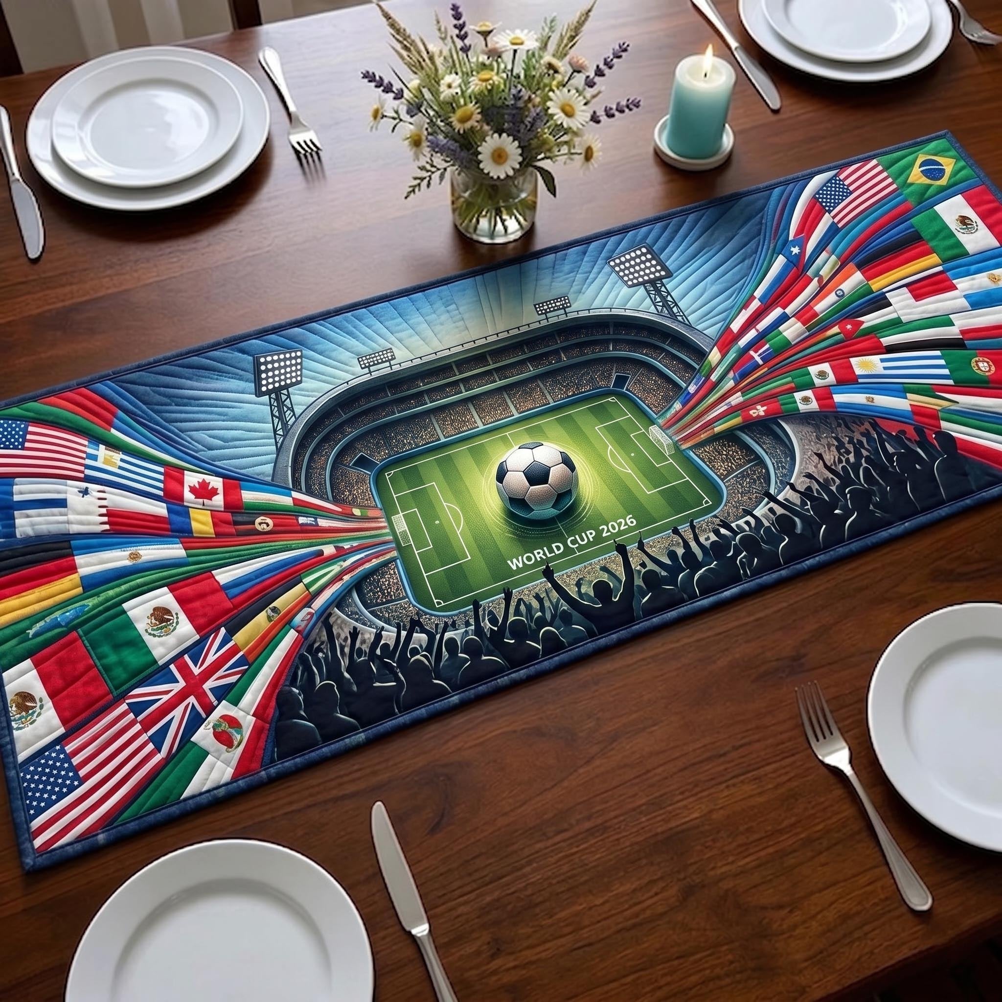 Stadium Pitch Ringed by Flags Table Runner