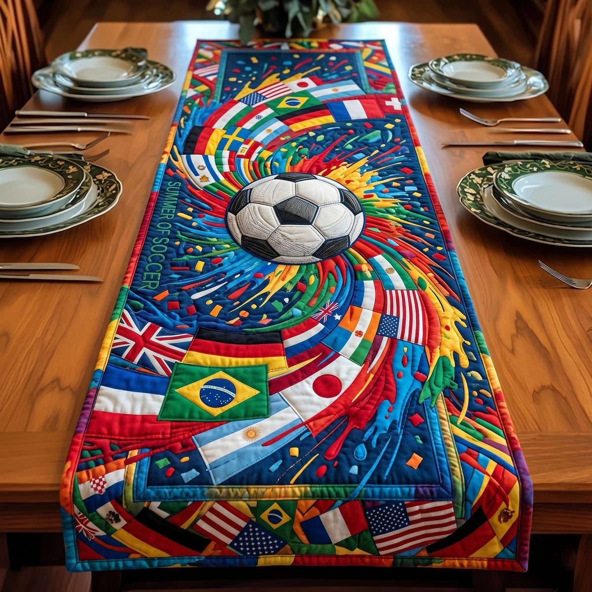 Soccer Ball on Spiral of Flags Table Runner