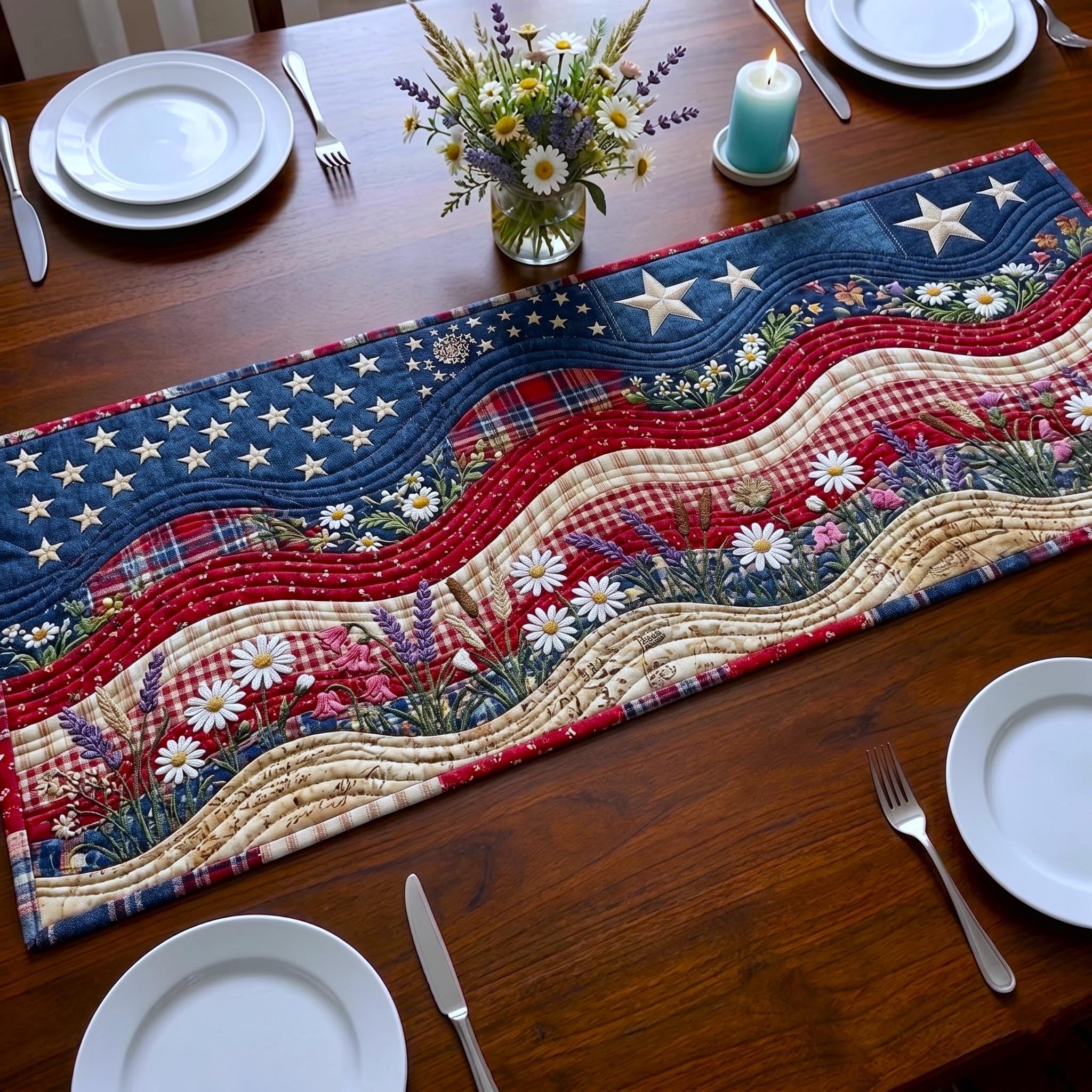 Flag Waves with White Daisies Table Runner