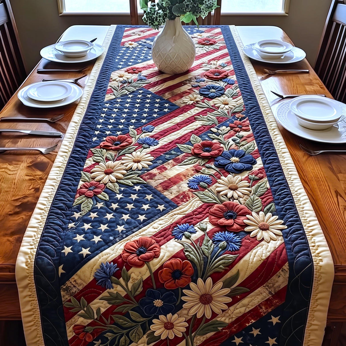 Flag with Poppies and Daisies Table Runner