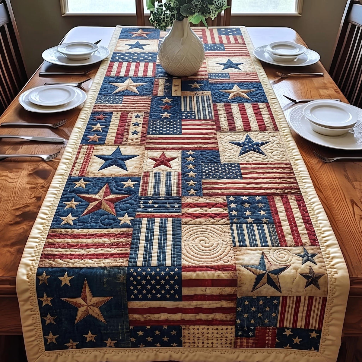 Flag Blocks with Quilted Stars Table Runner