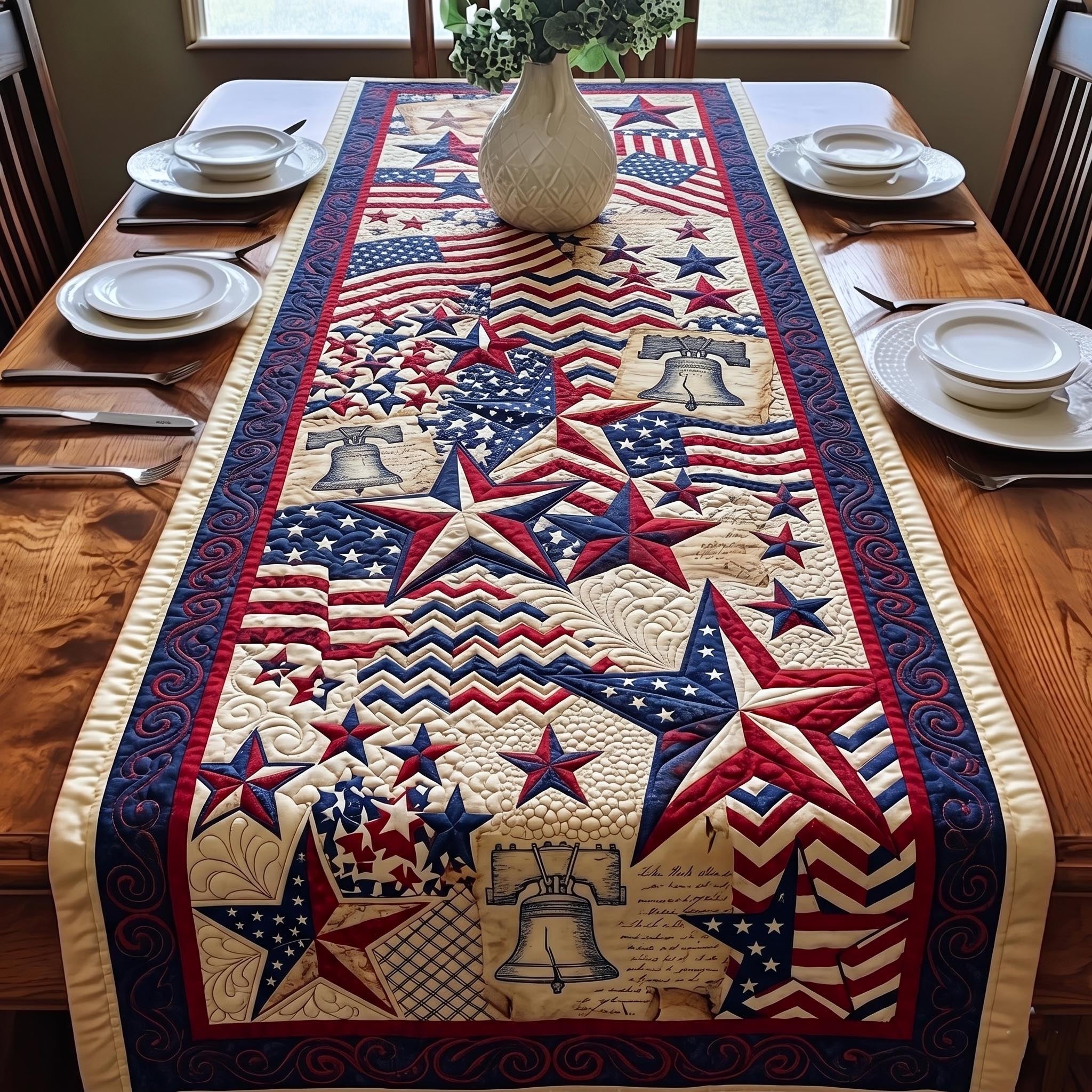 Stars and Liberty Bells on Cream Table Runner