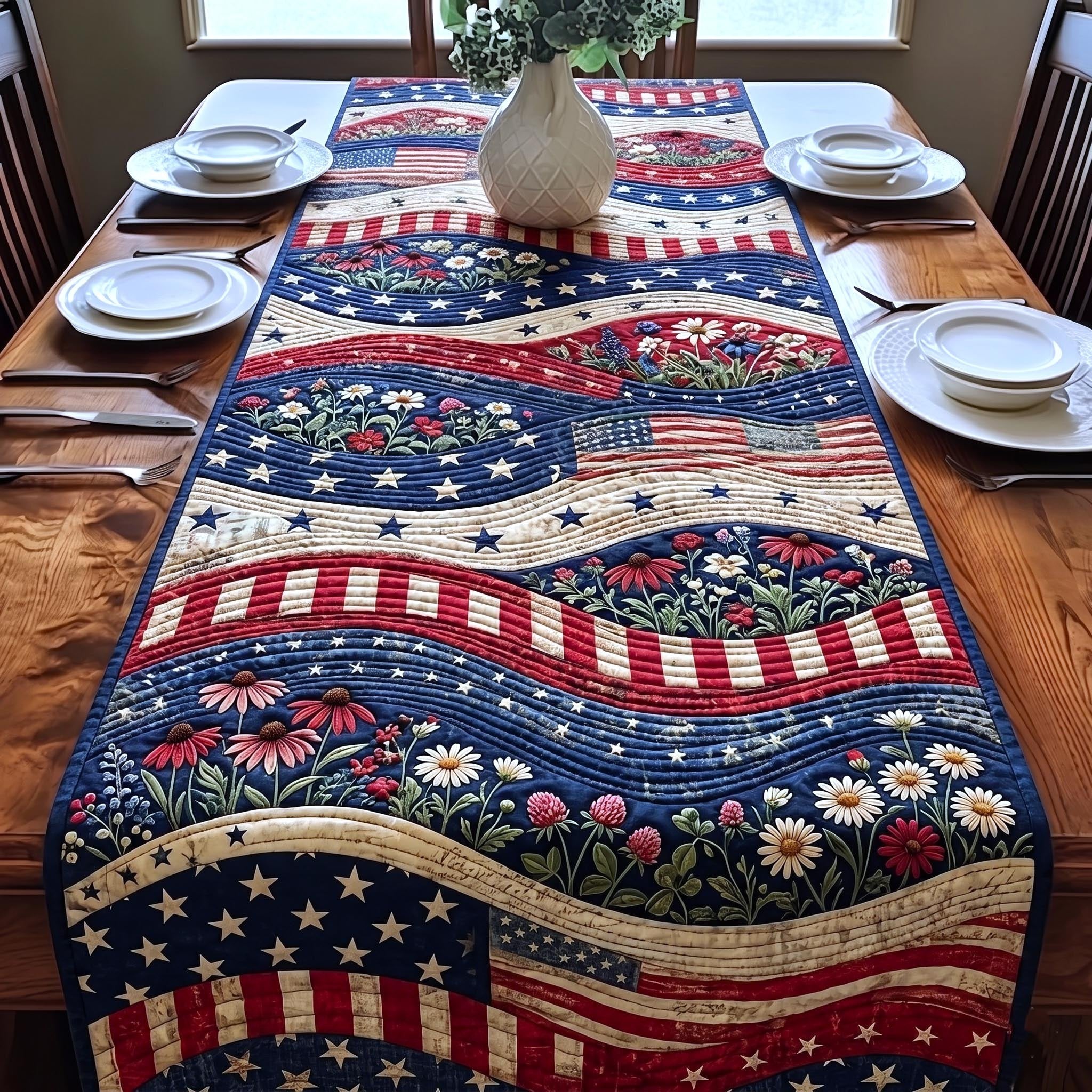Rippling Flag with Blue Daisies Table Runner