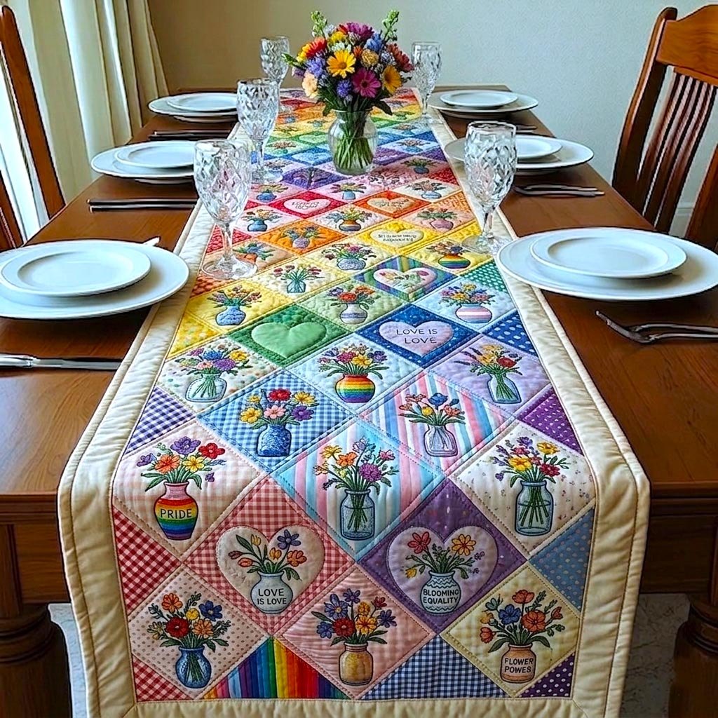 Flower Vases in Rainbow Patchwork Table Runner